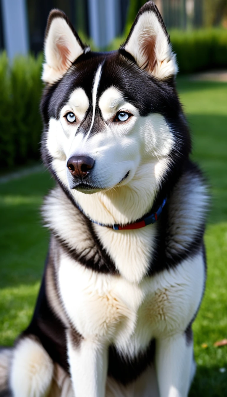 There is no one, realistic photo, photo realism, realism, Siberian Husky (Siberian Husky), perfect composition, intricate details, Very sharp, masterpiece, profile, high resolution, looking at the viewer, Full body photo in garden background
