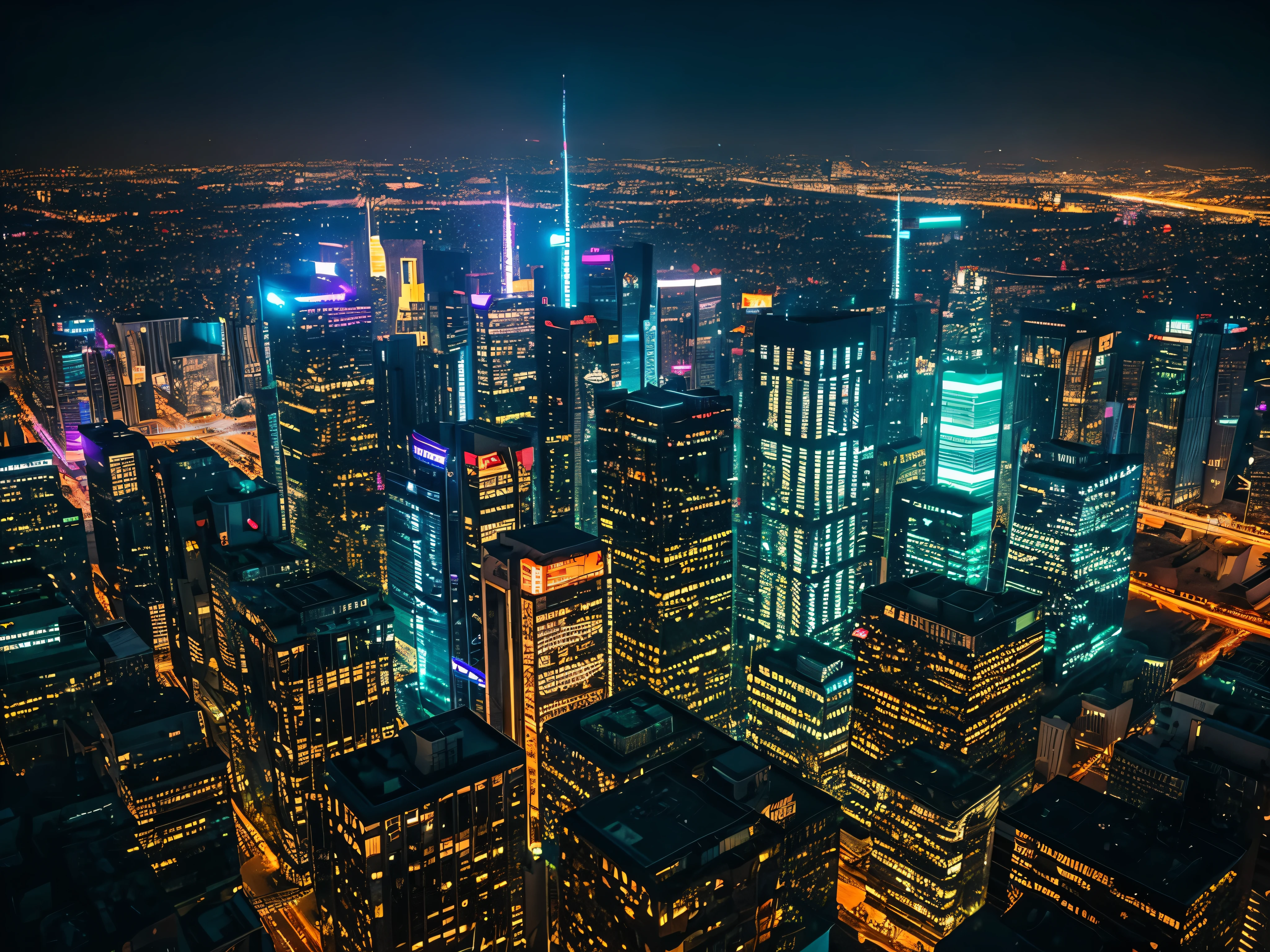 Watching from high above, the viewer is drawn into a neon future city that glows with the highest quality of light. The night view showcases skyscrapers piercing the dark sky, their sleek surfaces reflecting the vibrant hues of neon signs and holographic projections. The cityscape is a photograph captured in stunning detail, each building and street corner meticulously rendered to evoke a sense of bustling energy and modernity. The image is a mesmerizing blend of technological prowess and urban beauty, inviting viewers to immerse themselves in a futuristic world that pulses with life.