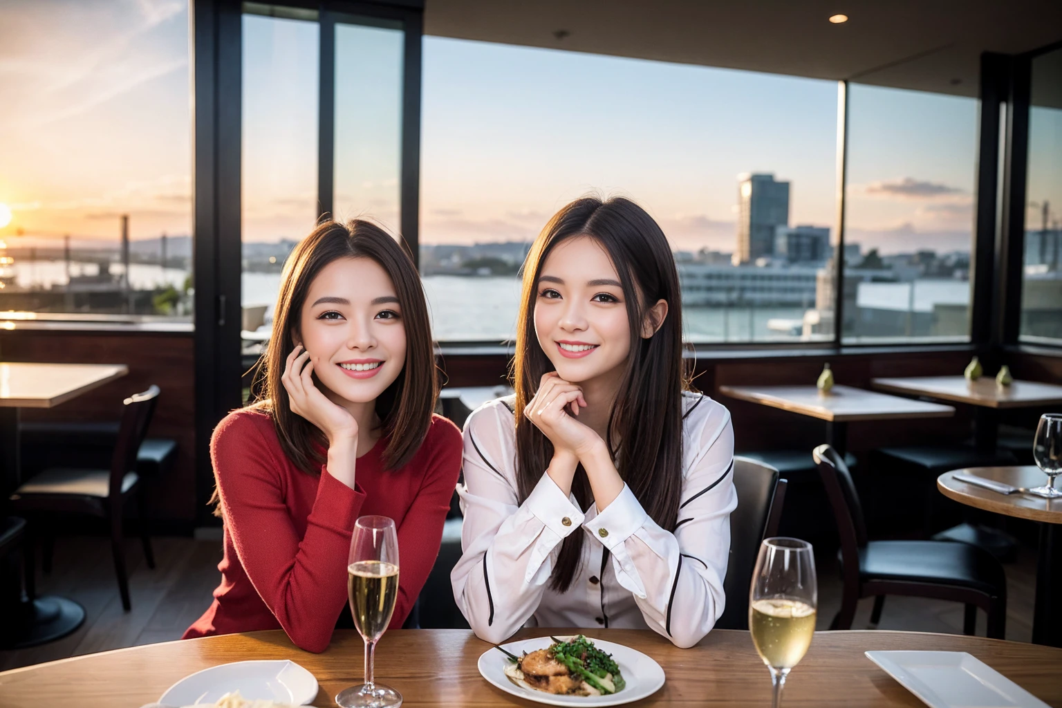 ((Highest quality、8K、masterpiece:1.3))、1 male 1 female、Slim lover、model、Beautiful couple、Smile、full-course dinner、 (Slim face), (the body is スリム), (Brown Hair), (Shortcuts), ((Bob Hale、Straight hair:1.2)), テーブルの上のwine glass、Shine light on your face、 Amazing view of the sunset sky and clouds、The beauty of a smile、Bright image、Blushing, Shortcuts, (Age 35), 39 years old, Appetizers、Italian food、Wine bottle、Champagne、sparkling wine、Long sleeve shirt、dress、Attractive beauty、restaurant, Nova Frog Style, actress, model, Upper Body, White wine, red wine, wine glass,