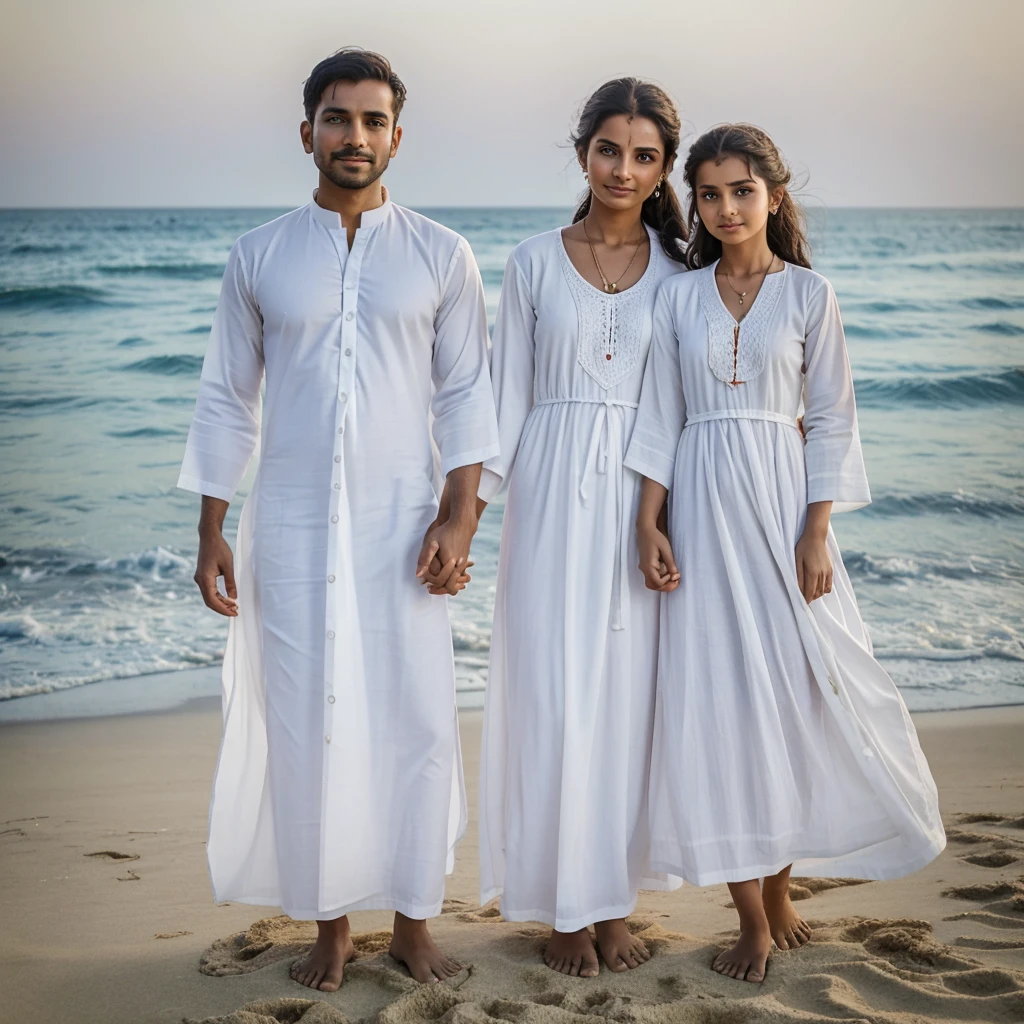 there is a man and woman and a on the beach, wearing traditional garb, full body photogenic shot, edited, happy family, wearing white robes!, by Bapu, wearing a white folkdrakt dress, very very low quality picture, mixed art, wearing a kurta, in a beachfront environment, husband wife and son, wearing white cloths