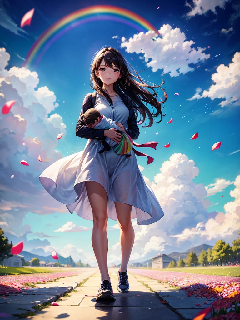 Highest quality,Highest Resolution,A woman walking down a sidewalk with falling flower petals, holding a baby,Rainbow in the background sky,