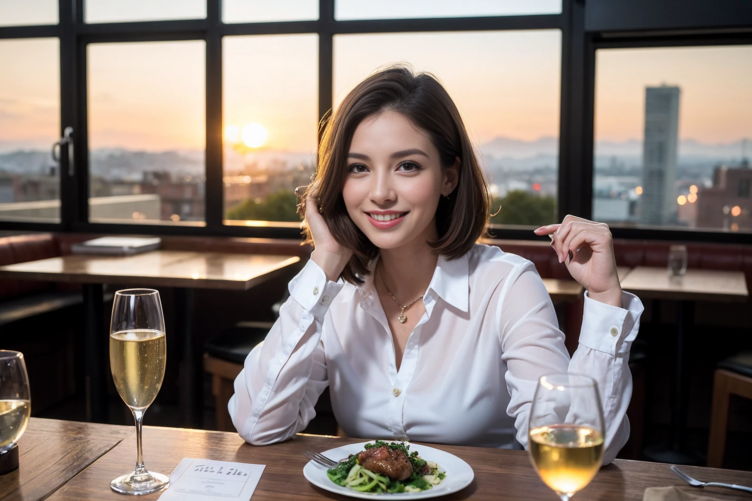 ((Highest quality、8K、masterpiece:1.3))、1 male、1 female、Slim lover、Beautiful couple、smile、full-course dinner、 (Slim face), (the body is スリム), (Brown Hair), (Shortcuts), ((Bob Hale、Straight hair:1.2)), テーブルの上のwine glass、Put the light on your face、 Amazing view of the sunset sky and clouds、smileの美しさ、Bright image、Blushing, Shortcuts, (43 years old), 39 years old, Appetizers、Italian food、Wine bottle、Champagne、sparkling wine、Long sleeve shirt、dress、Attractive beauty、restaurant, Nova Frog Style, actress, model, Upper Body, White wine, red wine, wine glass,