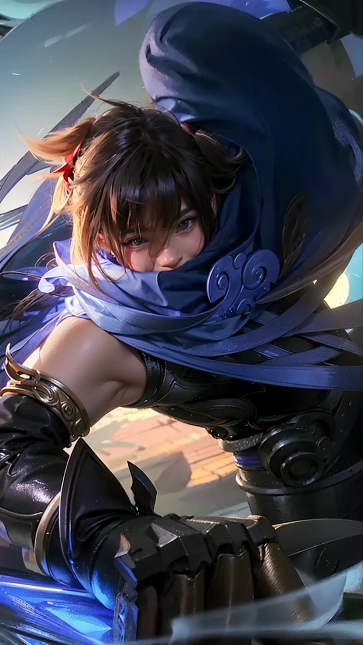 a close up of a woman wearing a red hood like a ruby wearing a patch over one eye, shadowbringers cinematic, 4 k detail fantasy, a beautiful fantasy empress, game cg, xianxia fantasy, xianxia hero, 2. 5 d cgi anime fantasy artwork, cinematic goddess close shot, ruan jia and artgerm, wow 4 k detail fantasy, hyperdetailed fantasy character, (8k, RAW photo, photorealistic:1.25) ,( lipgloss, eyelashes, glosace, glossy skin, best quality, ultra highres, depth of field, chromatic aberration, caustics, Broad lighting, natural shading,) looking at viewer with a serene and goddess-like happiness, smile.