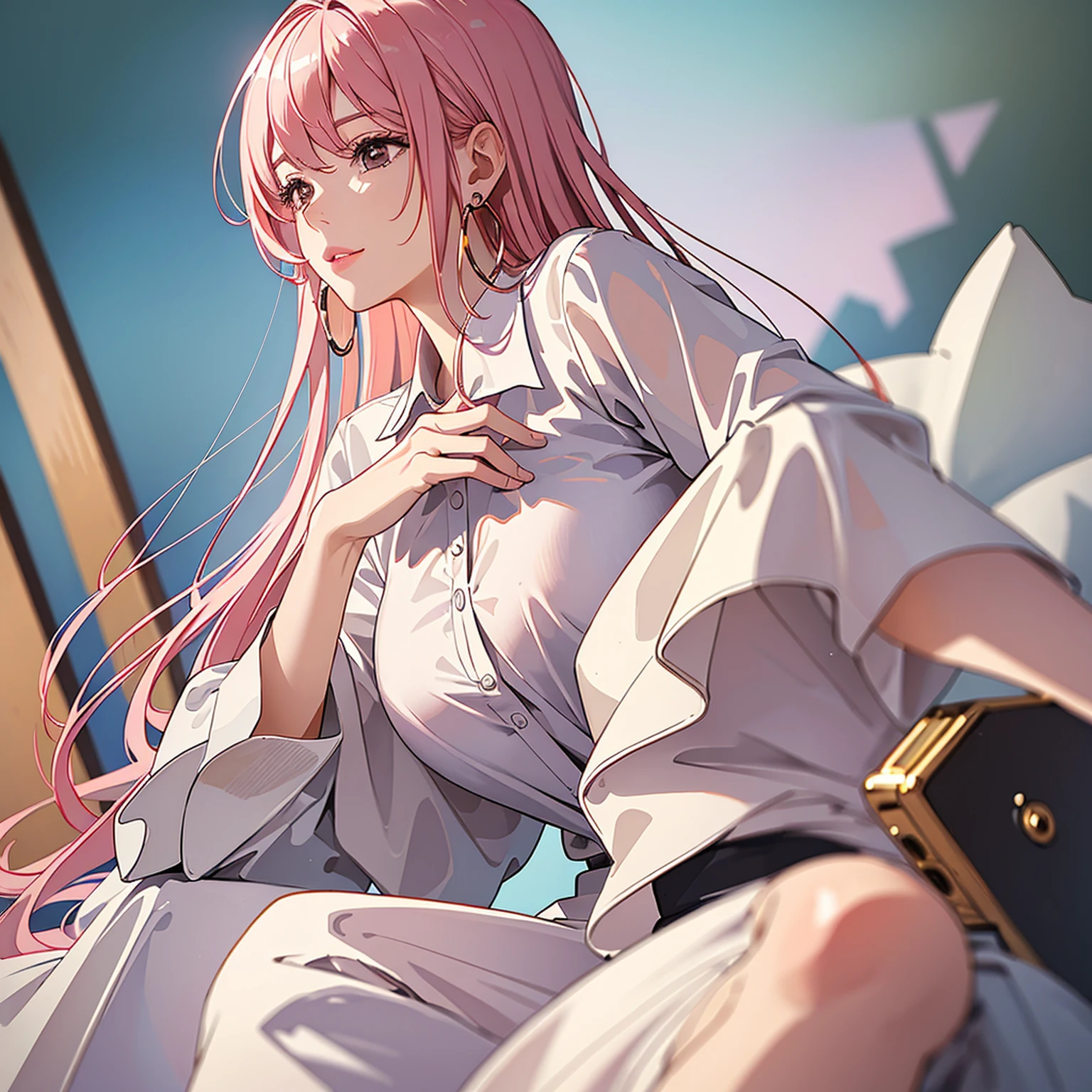 (masterpiece, high quality, 4k:1.4), 1girl, solo, pink hair, brown eyes, double-parted bangs, long hair, (mature female, mature:1.2), mole under eye, earrings, white button up, black skirt, detailed face, beautiful detailed eyes, beautiful detailed lips, extremely detailed face, long eyelashes, intricate details, soft lighting, soft color pallette