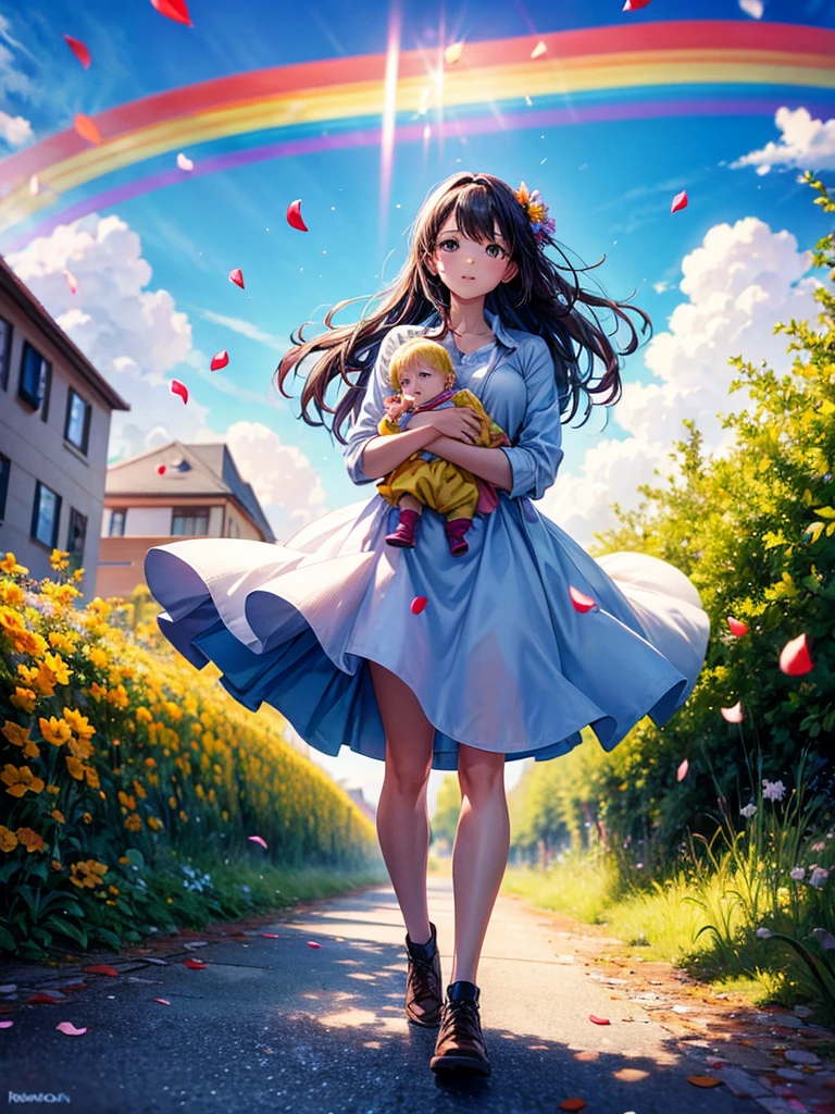 Highest quality,Highest Resolution,A woman walking down a sidewalk with falling flower petals, holding a baby,Rainbow in the sky,