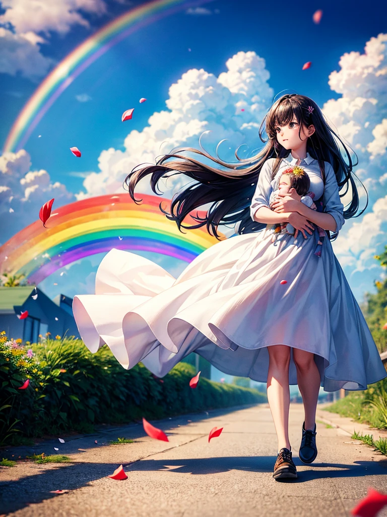 Highest quality,Highest Resolution,A woman walking down a sidewalk with falling flower petals, holding a baby,Rainbow in the sky,