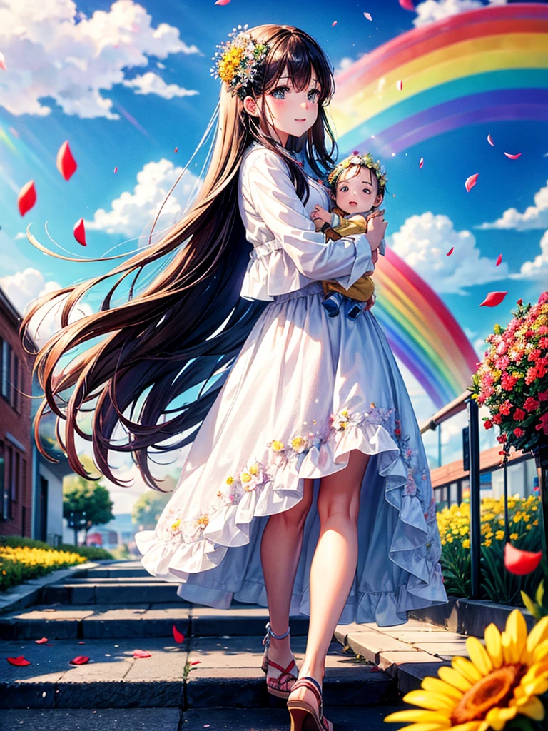 Highest quality,Highest Resolution,A woman walking down a sidewalk with falling flower petals, holding a baby,Rainbow in the sky,