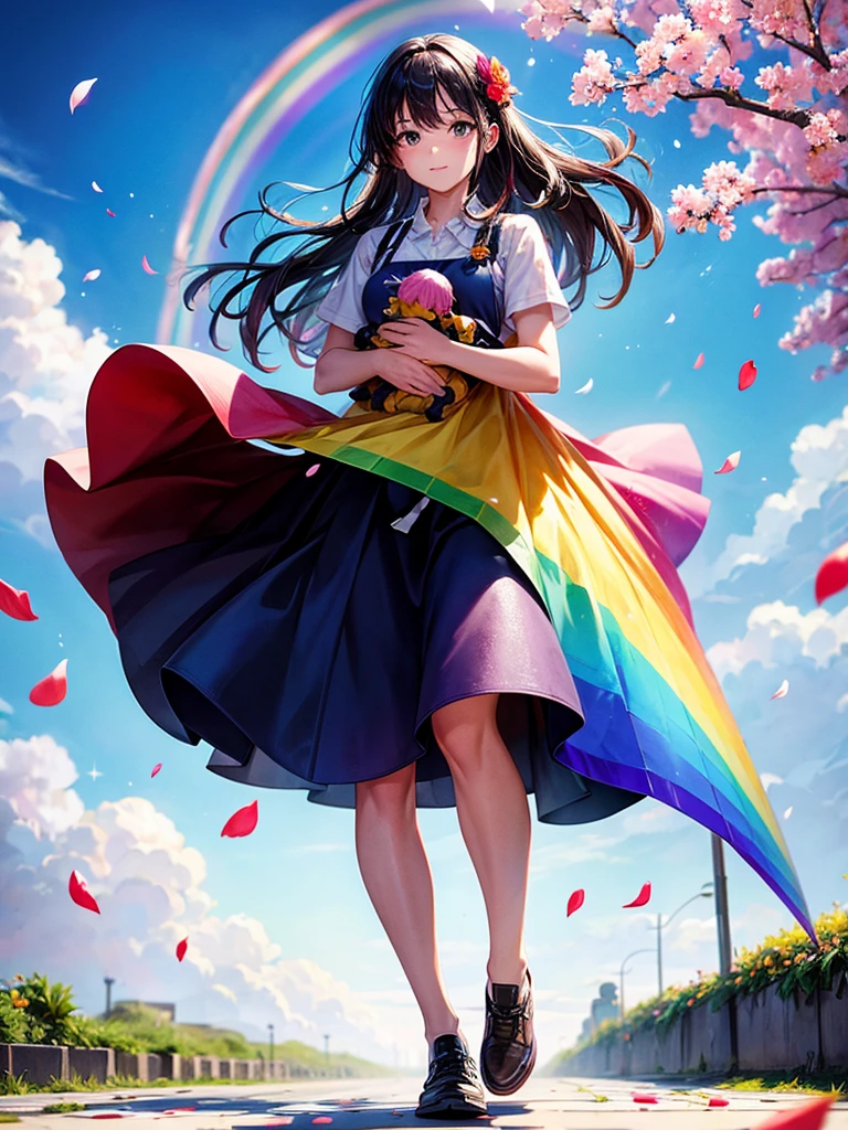 Highest quality,Highest Resolution,A woman walking down a sidewalk with falling flower petals, holding a baby,Rainbow in the sky,