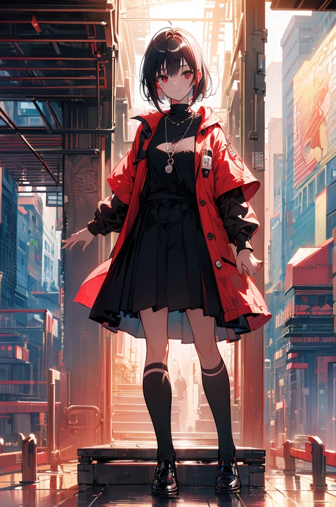 (masterpiece, highest quality, highest quality, (No text), Beautiful and aesthetic:1.2),No text,アニメ、 high resolution　BREAK,One Girl，Short black hair　Tree Eyes　Beautiful eyes　Red eyes　Beautiful girl　cool　smile　Black Coat　mini skirt　Whole body　Night view　Detailed eyes and face