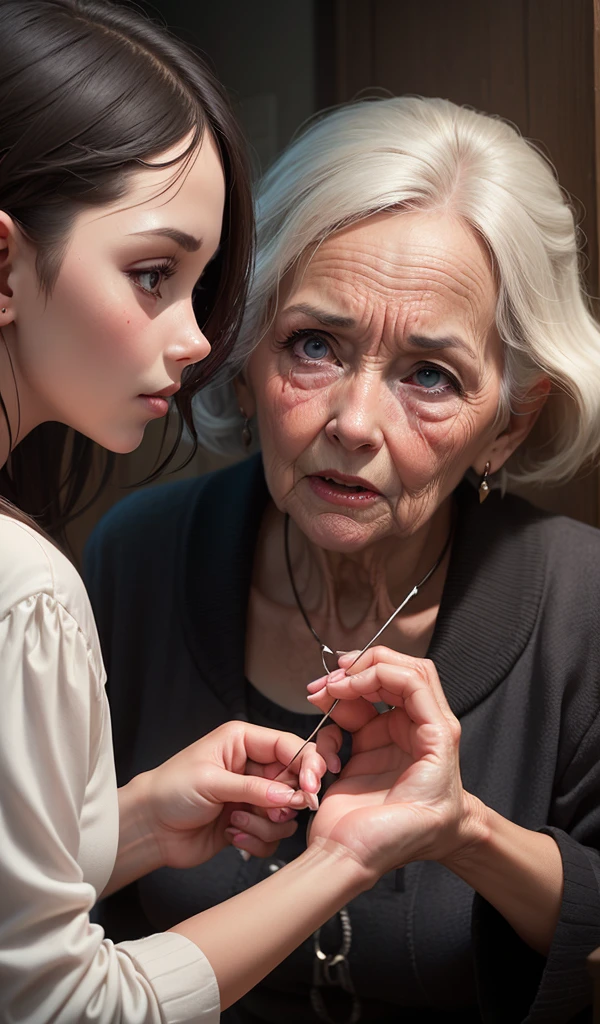 (anime, digital paint, young girl outsmarting the old woman, tricking her with a bone instead of the boy's finger, tense atmosphere, close-up on young girl and old woman)