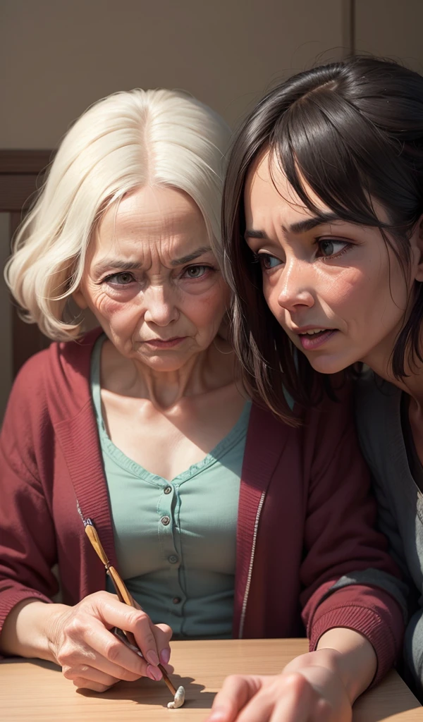 (anime, digital paint, young girl outsmarting the old woman, tricking her with a bone instead of the boy's finger, tense atmosphere, close-up on young girl and old woman)