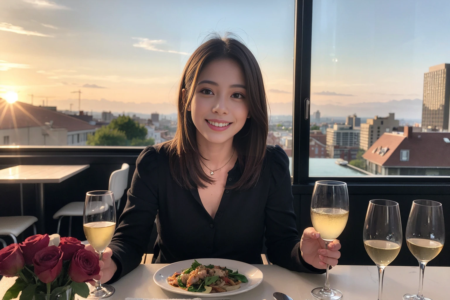 ((Highest quality、8K、masterpiece:1.3))、1 male 1 female、Satomi Ishihara、Beautiful couple、smile、full-course dinner、 (Slim face), (the body is スリム), (Brown Hair), (Shortcuts), ((Bob Hale、Straight hair:1.2)), テーブルの上のwine glass、Put the light on your face、 Amazing view of the sunset sky and clouds、smileの美しさ、Bright image、Blushing, Shortcuts, (43 years old), 39 years old, Appetizers、Italian food、Wine bottle、Champagne、sparkling wine、Long sleeve shirt、dress、Attractive beauty、restaurant, Nova Frog Style, actress, model, Upper Body, White wine, red wine, wine glass,