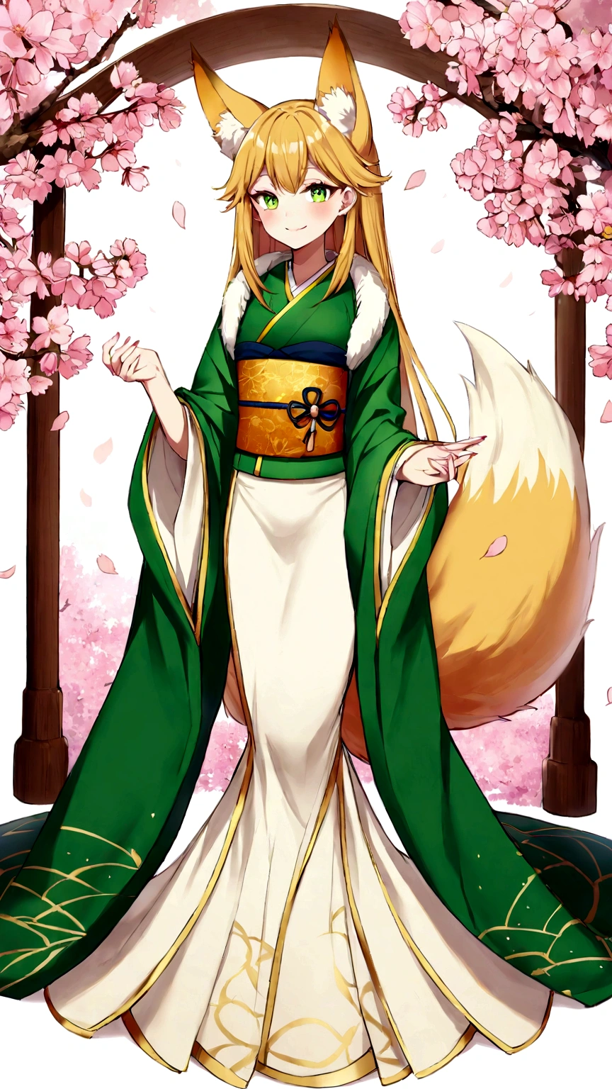 Draw Kazahana, a beautiful -yeld foeast girl. She has blonde, straight hair that reaches her shoulders, emerald green eyes, golden fox ears, and a bushy golden fox tail. She has a slender figure, and is  and delicate. She wears a Japanese-style dress with gold embroidery on a white background, with green accents on the obi. She is smiling gently, set against the backdrop of a fantastical forest or a Japanese-style garden with cherry blossoms in full bloom. She is gently lifting her tail with one hand, and placing the other hand near her ear. A small ball of light is dancing at her feet. Please draw her in ultra-high resolution, with detailed depictions of her fur, the texture of her clothes, and the natural beauty of the background. Use bright and vivid colors to bring out her beauty.