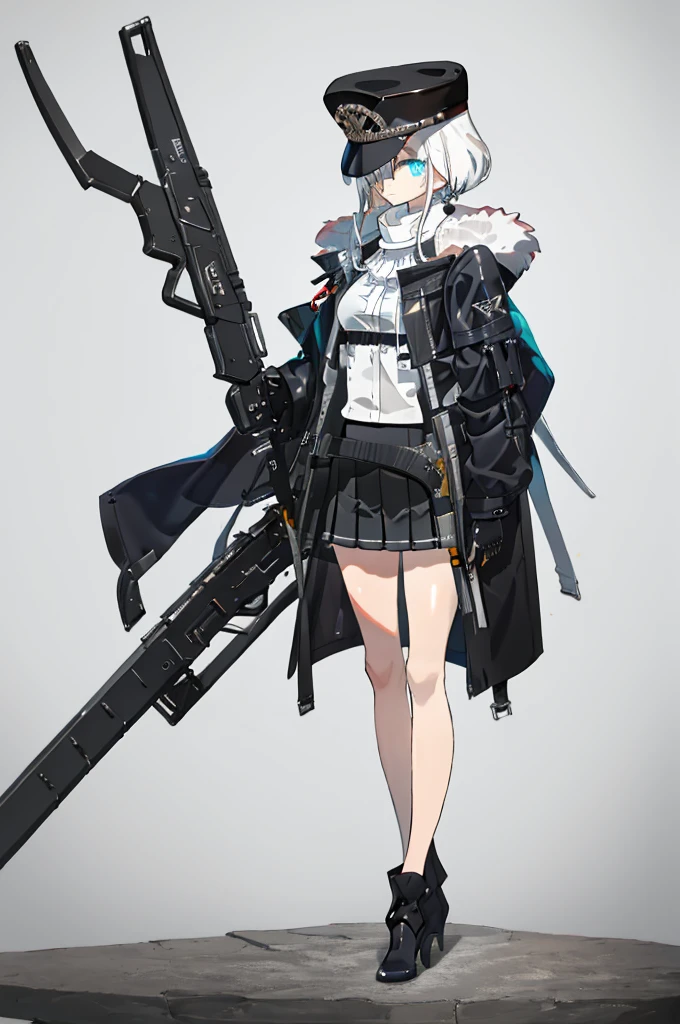 masterpiece，The best light and shadow，Intricate details，alone，One girl，solo，White Hair，長いWhite Hair，armor，Exposing thighs，Plain background，Gray wall，Sharp eyes，View your viewers，Handgun，Short Black Leather Skirt，Black boots，black fur police hat，Diagonal band，Lock，Black Leather Gloves，White shirt，Black coat
