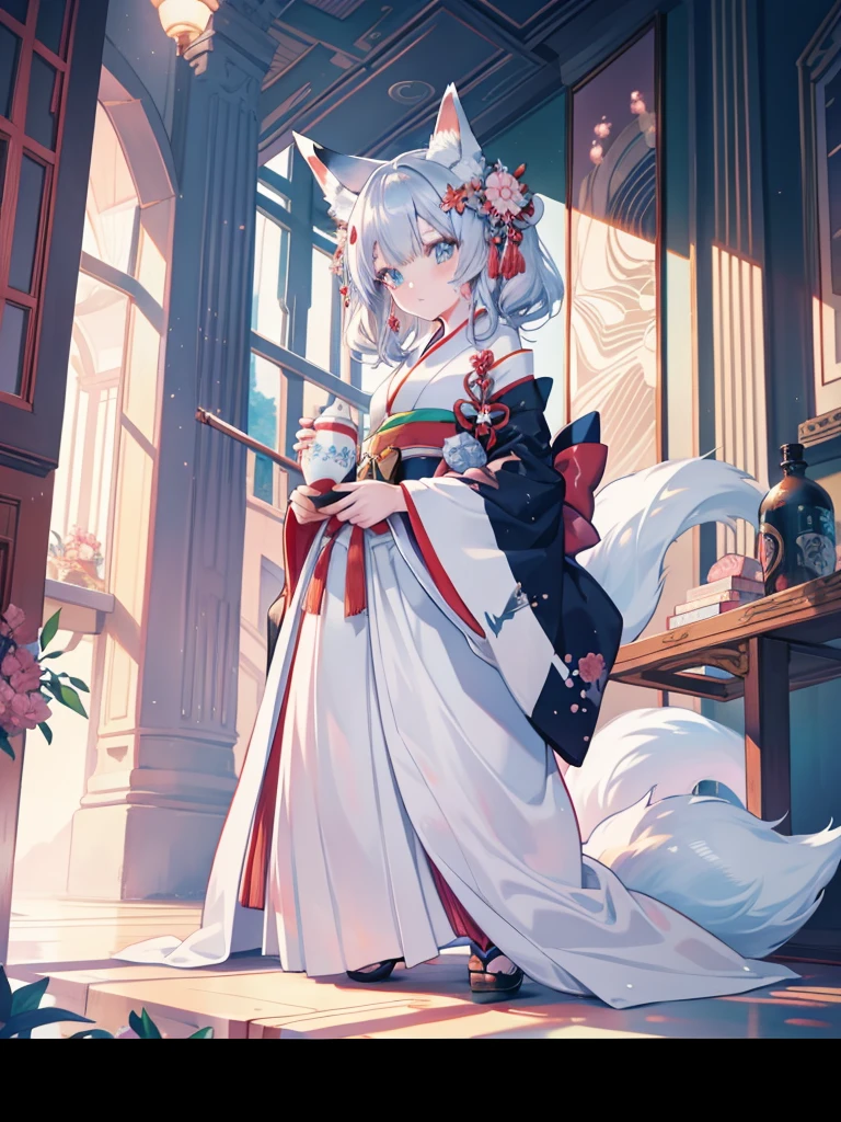 Anime role play, Anime girl role play, Anime style mixed with Fuji film, role play, a beautiful fox woman, silver hair girl, real life anime girls, kimono foxear