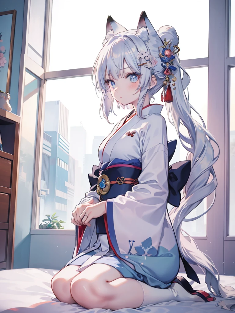  Anime role play, Anime girl role play, Anime style mixed with Fuji film, role play, a beautiful fox woman, silver hair girl, real life anime girls, kimono foxear