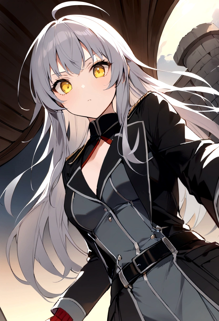 There are a lot of spies behind me.、Serious expression、action、(masterpiece, best quality:1.2),Expressionless、 1girl, 独奏,Black military uniform、Grey long hair、Ahoge、Yellow Eyes、Ready your gun?、sniper rifle、Background of military bases、Fisheye Lens(masterpiece, best quality:1.2),Expressionless、 1girl, 独奏,Black military uniform、Grey long hair、Ahoge、Yellow Eyes、Ready your gun?、sniper rifle、Background of military bases、Fisheye Lens、Cat ear、Dynamic pose、Dynamic Angles、Looking at the battlefield from a watchtower
