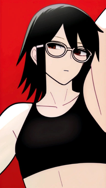((Matserpiece, shorth hair, eyes black)), ((muscular, fitness)), best qualityer, high resolution, Sarada, getting older, mellow, grown-up, timeskip, fixing hair, thin glasses, bare one shoulder, Black jacke , top cut, black tee, simple background, pose sexy, eyes black, Bblack hair, close up, 耳环, clavicle, uchiha symbol 耳环, very shorth hair, tomboyish hair, tomboy, long tube top,