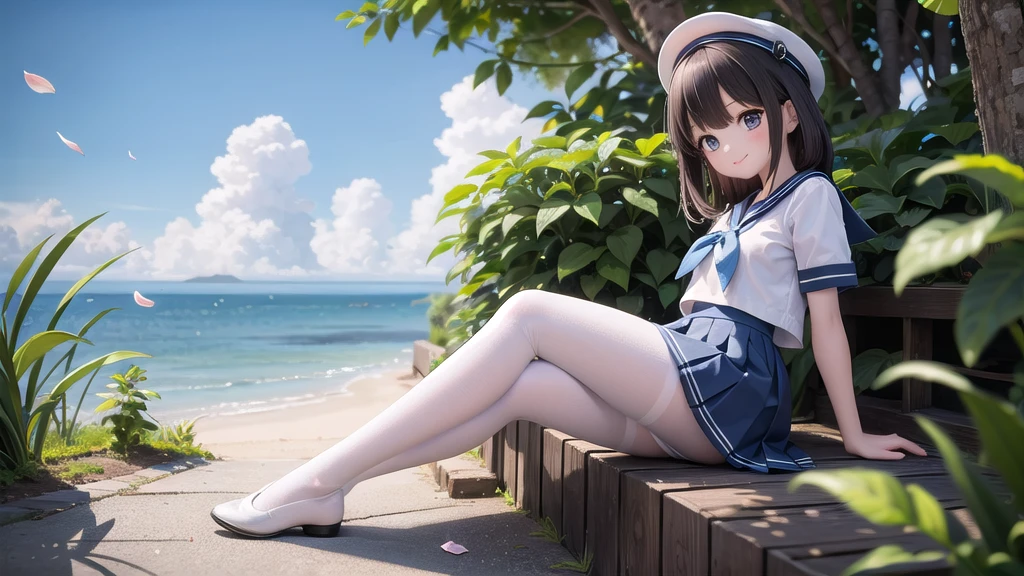 (masterpiece), town, blue sky, One Girl, Place the person on the right, smile, alone, Sailor suit、Long skirt, Overgrown, petal, plant、Skirt lining、White slip、nostalgic、White Pantyhose、I can see the ocean in the distance, Crotch close-up