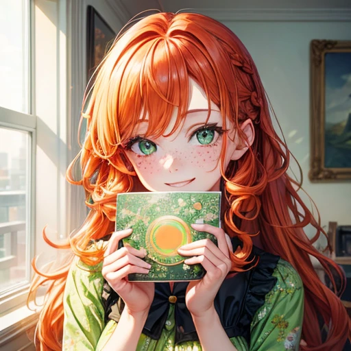 masterpiece portrait of a woman in Montreal at dawn, Long Hair, Cute orange curly hair, smile, Green Eyes, freckles, Floral print, dress, dawn, neon, light, caustic, Lens Reflection, ((alone)), Ishmael_edge