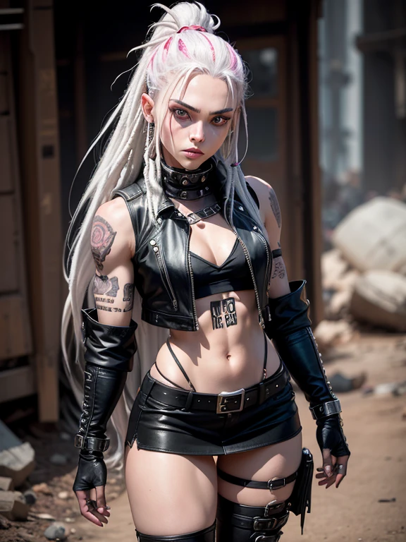 In the Wasteland, 18 year old girl in wolf style, from DC comics, with dreadlocks, intergalactic anti-heroine, known for her cruelty and sarcastic behavior.. He is depicted as an alien humanoid with pale white skin., long black dreadlocks, and super muscular physique in tight black leather pants.. His bright red eyes give his appearance a menacing cast... Often dressed in an open black leather vest., short skirt, and heavy boots, he has a punk rock look. With tattoos and scars all over my body, emphasizing his seasoned character., 