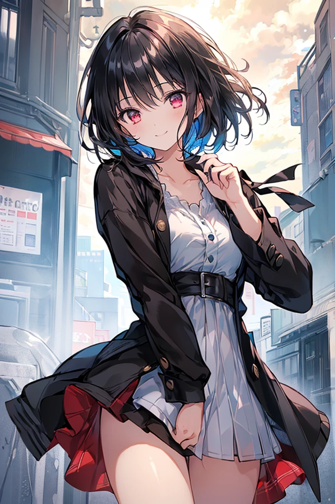(masterpiece, highest quality, highest quality, (No text), Beautiful and aesthetic:1.2),No text,アニメ、 high resolution BREAK,One Girl,Short black hair Tree Eyes Beautiful eyes Red eyes Beautiful girl cool smile Black Coat mini skirt Whole body Night view Detailed eyes and face