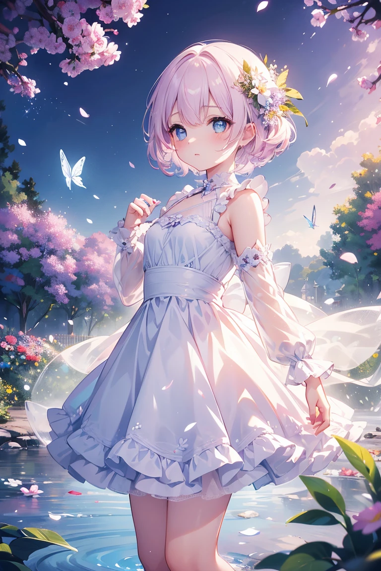 masterpiece, best quality:1.2), illustration, absurdres, highres, extremely detailed, 1 girl, white short hair, eye highlights, dress, short puffy sleeves, frills, outdoors, flower, fluttering petals, full body, depth of field,chromatic aberration abuse,pastel color, Depth of field,garden of the sun,shiny,flowers, garden, 1girl, butterfly style, butterflies, ultra detailed, glary,Light, light particles,glitter,reflect,Put one hand on your chest,C4D,3D,bright,outdoors,gifts,candys,More details,flower ocean,winter,snowflakes,splashing water,falling petals,beautiful and delicate water,((beautiful eyes)),very delicate light,perfect and delicate limbs,nature,painting,water spray,fine luminescence,very fine 8K CG wallpaper,Lavender eyes,pink pupils,whole body,bright eyes,(an extremely delicate and beautiful girl:1.4),big eyes,eye highlights,watery eyes,looking_at_viewer,outdoors,look at the screen,Touching,