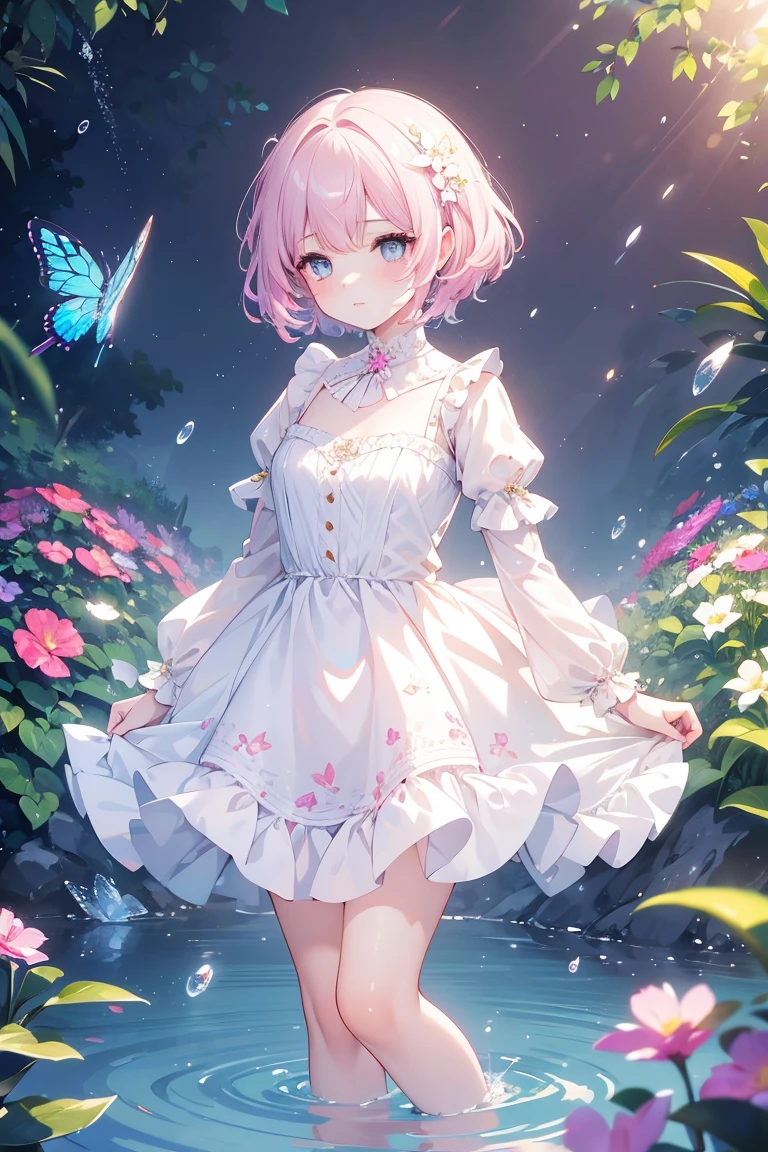 masterpiece, best quality:1.2), illustration, absurdres, highres, extremely detailed, 1 girl, white short hair, eye highlights, dress, short puffy sleeves, frills, outdoors, flower, fluttering petals, full body, depth of field,chromatic aberration abuse,pastel color, Depth of field,garden of the sun,shiny,flowers, garden, 1girl, butterfly style, butterflies, ultra detailed, glary,Light, light particles,glitter,reflect,Put one hand on your chest,C4D,3D,bright,outdoors,gifts,candys,More details,flower ocean,winter,snowflakes,splashing water,falling petals,beautiful and delicate water,((beautiful eyes)),very delicate light,perfect and delicate limbs,nature,painting,water spray,fine luminescence,very fine 8K CG wallpaper,Lavender eyes,pink pupils,whole body,bright eyes,(an extremely delicate and beautiful girl:1.4),big eyes,eye highlights,watery eyes,looking_at_viewer,outdoors,look at the screen,Touching,