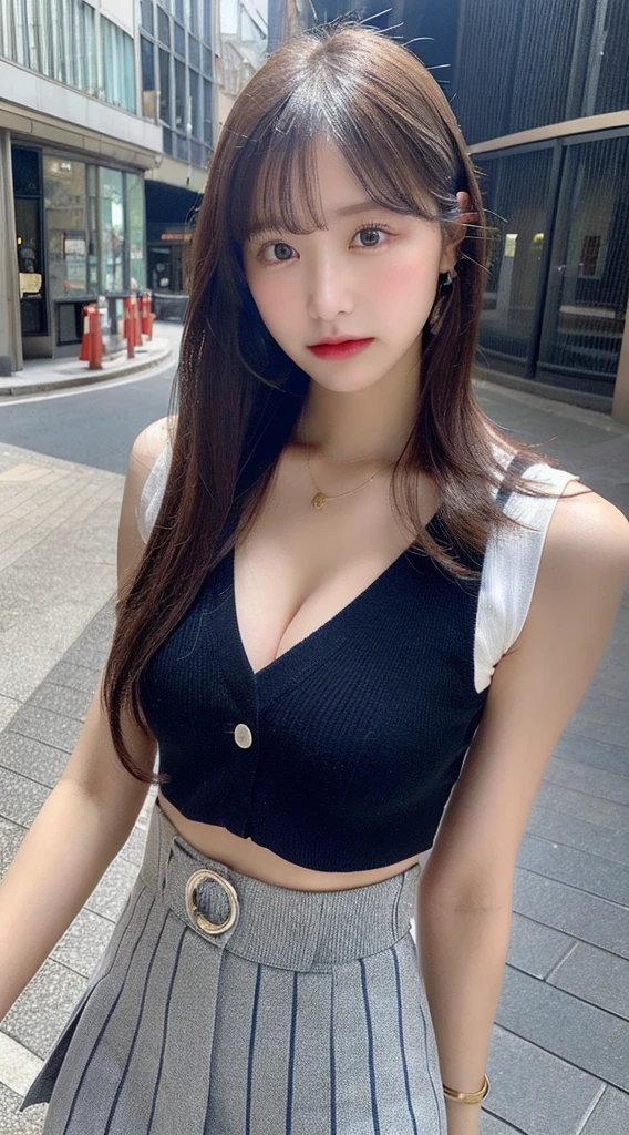 (Realistic, high resolution:1.3), 1 girl with perfect figure, Super fine face and eyes, Long hair, vests: 1.Two random colors, Short skirt, the city street, Big breasts, Exposed cleavage