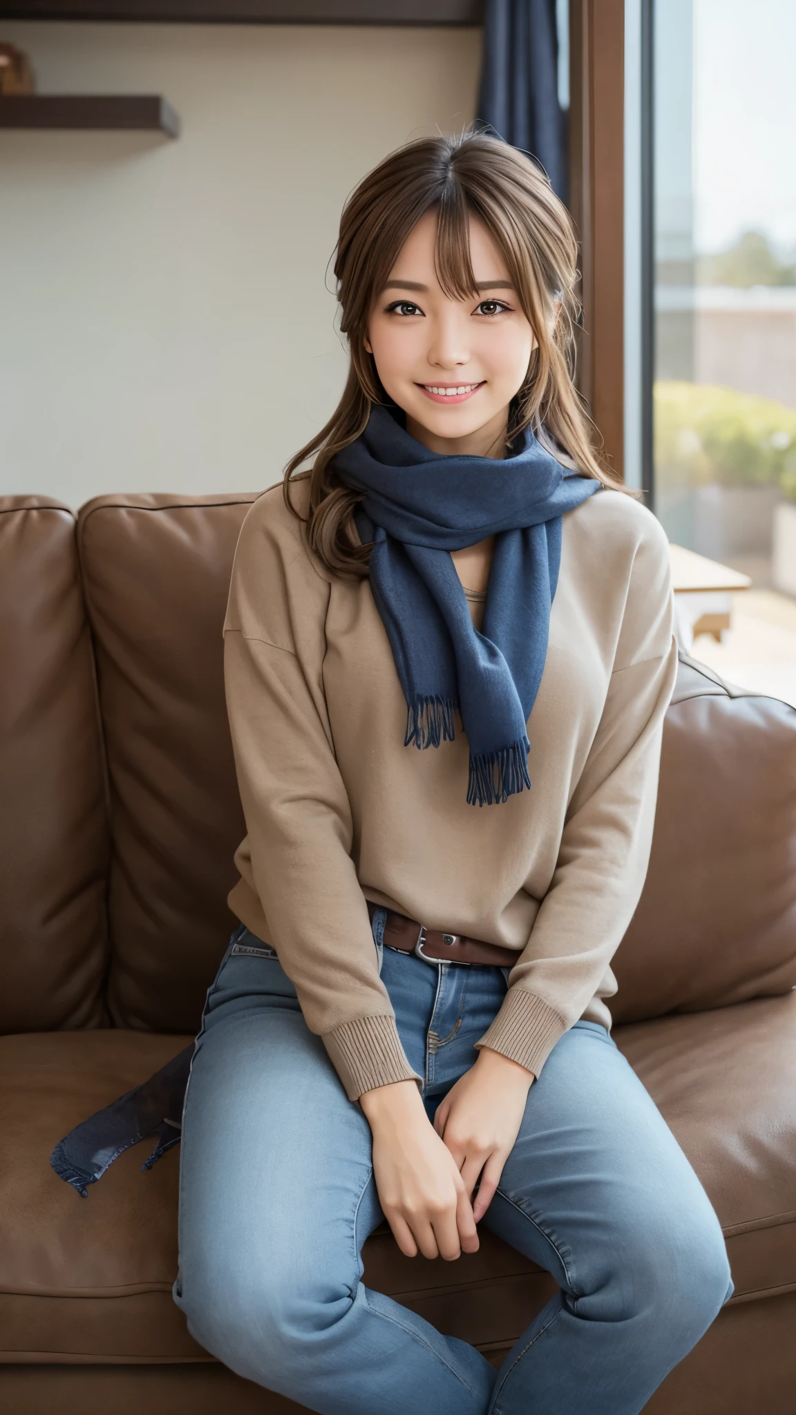 Bell, anime, Brown Hair, Medium chest, Brown eyes, A light smile, jeans, scarf, Grey sweatshirt, Blue pants, Sitting, Sitting cross-legged, Inside the smart home, Sitting on the couch, Shino Asada's Face, anime Sword Art Online, Highest quality