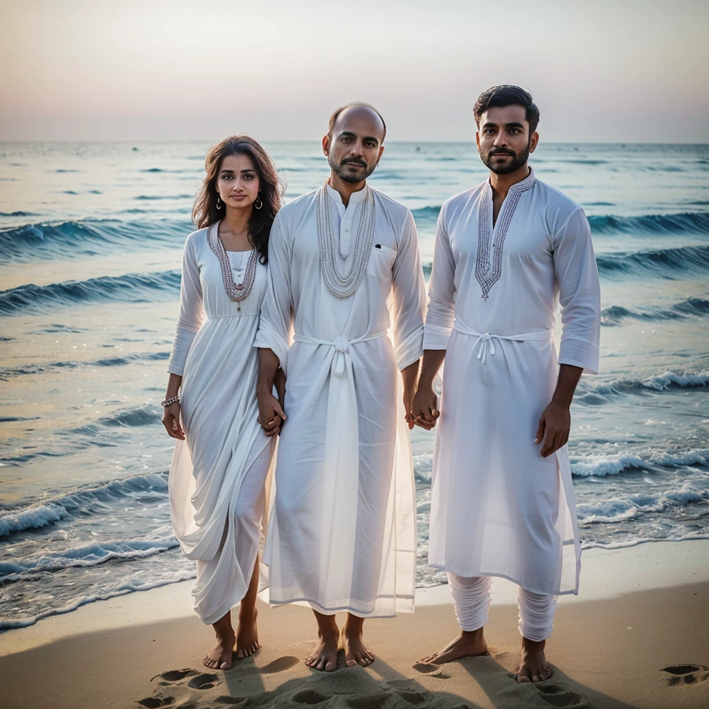 there is a man and woman and a  on the beach, wearing traditional garb, full body photogenic shot, edited, happy family, wearing white robes!, by Bapu, wearing a white folkdrakt dress, very very low quality picture, mixed art, wearing a kurta, in a beachfront environment, husband wife and son, wearing white cloths