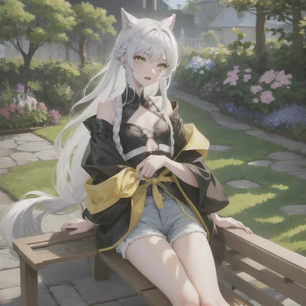 Girl with dog ears and tail, erect ears, honey yellow eyes, Highly detailed eyes, long white hair with a small braid on the sides, denim shorts, translucent and low-cut blouse, whole body, looking up, open mouth smile, big chest, beautiful body, detailed face y con amplia gama de gestos, sitting on a bench around a garden with flowers of various colors, detailed background, detailed face, Play of light and shadows, cinematographic, high quality, 8k, Masterpiece, 