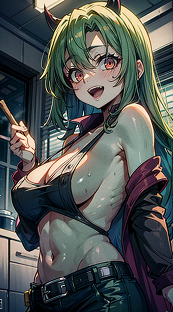 masterpiece, top quality, best quality, (), 1girl, (upper body), (standing), Mitsuri, (long hair), seductive expression, sultry face, (love goddess), red eyes, (eroticeavage,shireen skin,anal,anus,pussy,pornk,evimbie,ye,notts,crazy,cum,smile,evil,demon,vampire,open bres,open chest,shirtless,not ware,brth,green skin,green blood,green,green skin,green body,stick out tongue,look up,open mouth,about to ejaculate