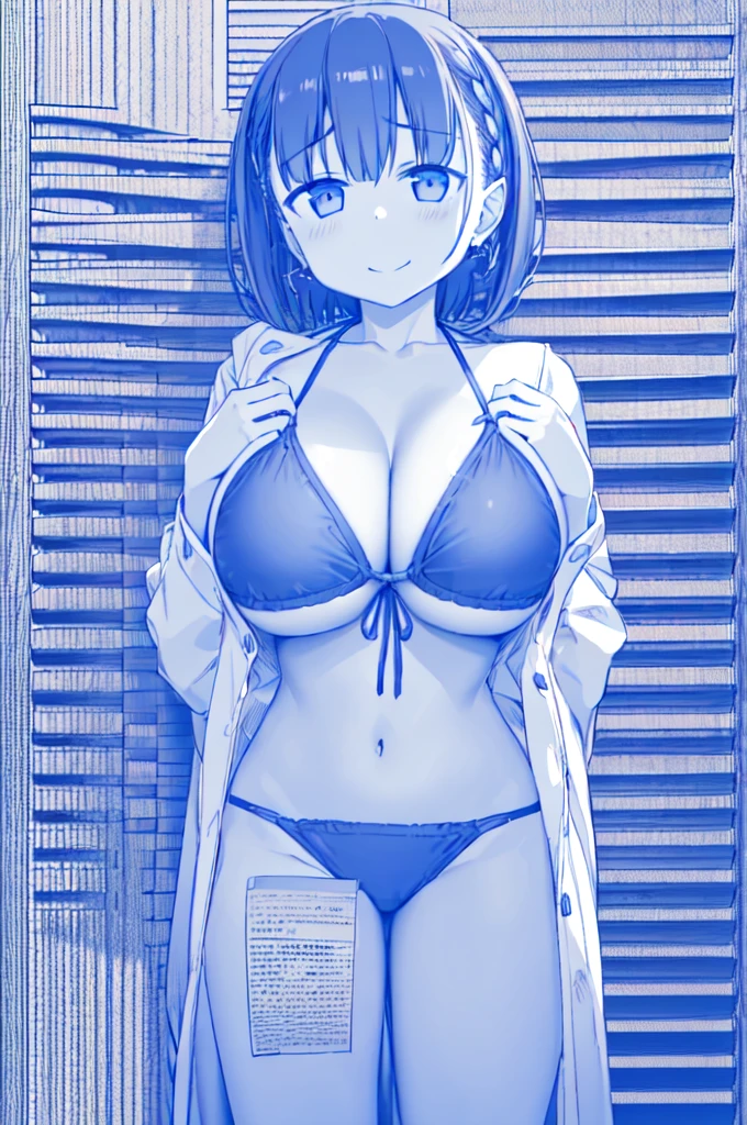 masterpiece, highest quality, (1girl), (solo), (chest focus), ((cute eyes)), aichan, blue eyes, brown hair, short hair, side braid, braid, hair ornament, hairclip, ((micro bikini)), looking at the viewer, evil smile, (((monochrome))), blue line, huge chest, line drawing, huge breast, (Emphasize your chest:1.5),