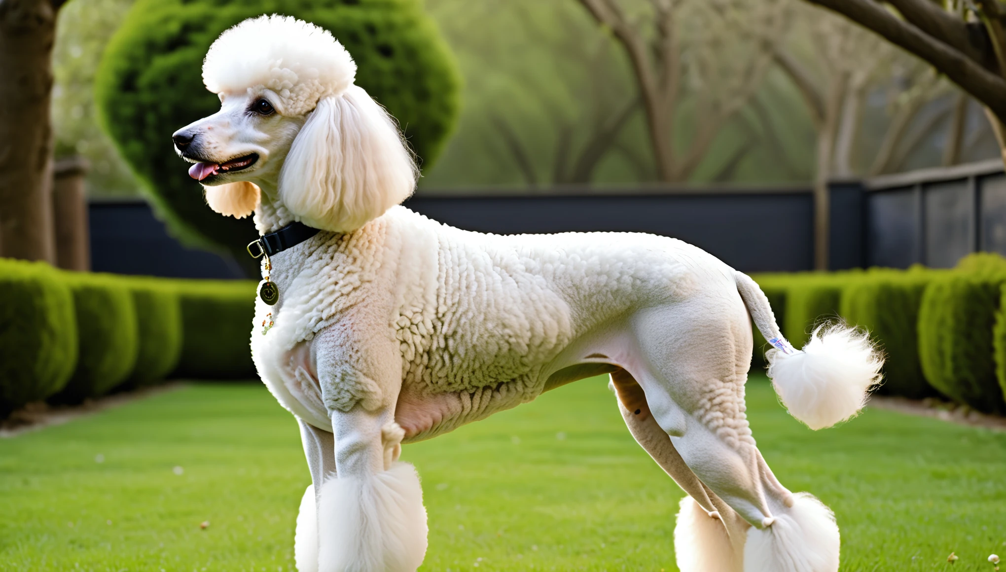 There is no one, realistic photo, photo realism, realism, poodle (Poodle), perfect composition, intricate details, Very sharp, masterpiece, profile, high resolution, looking at the viewer, Full body photo in garden background