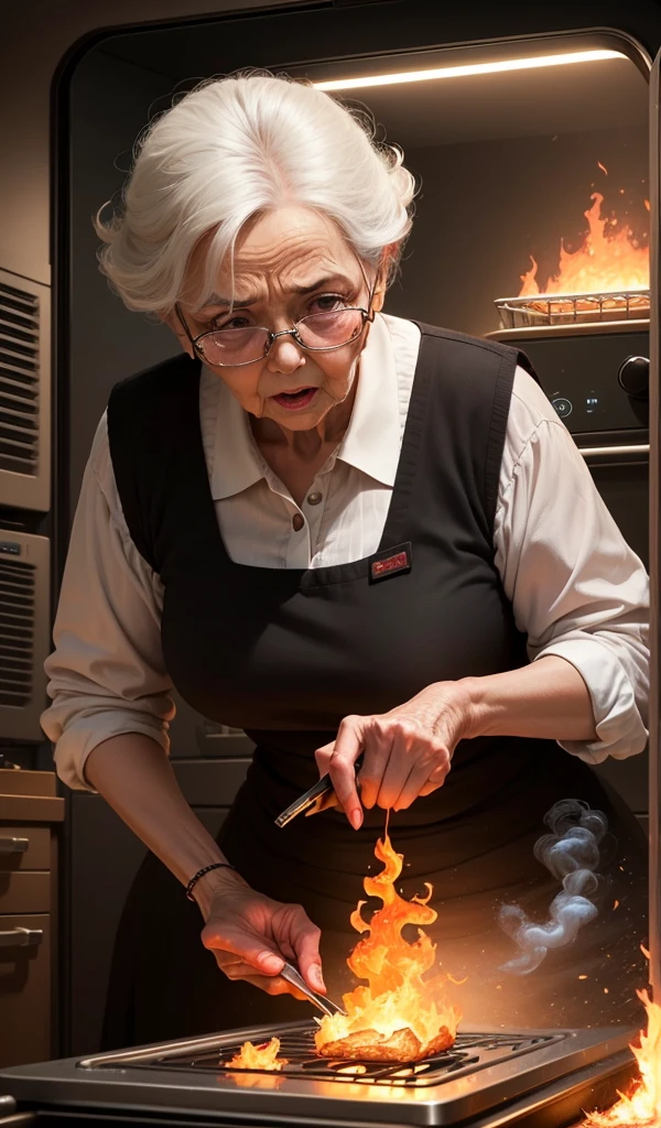 (anime, digital paint, young girl pushing the old woman into the oven, intense and dramatic scene, flames and smoke, old woman's shocked face)