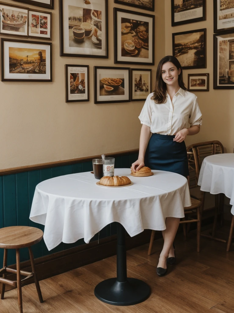 her name is Elle, high quality, 1girl, ((20-year-old fit Caucasian woman)), ((20 years old)), ((fit)), ((pale skin)), short length straight dark hair , wearingRuched Front Satin Blouse + High-Waisted Asymmetrical Skirt, pose: standing, background: Describe the cozy interior of a Parisian café, with its small round tables topped with checkered tablecloths, wrought iron chairs, vintage posters adorning the walls, and the aroma of freshly brewed coffee mingling with the scent of freshly baked croissants.