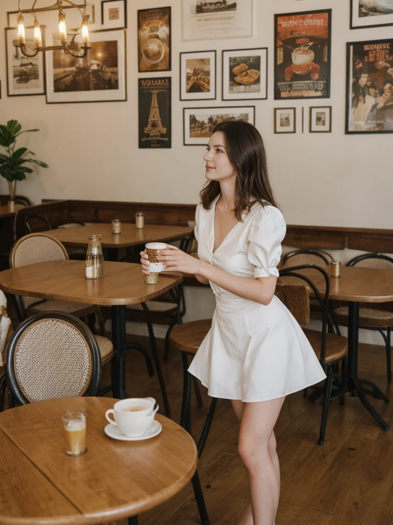 her name is Elle, high quality, 1girl, ((20-year-old fit Caucasian woman)), ((20 years old)), ((fit)), ((pale skin)), short length straight dark hair , wearingRuched Front Satin Blouse + High-Waisted Asymmetrical Skirt, pose: standing, background: Describe the cozy interior of a Parisian café, with its small round tables topped with checkered tablecloths, wrought iron chairs, vintage posters adorning the walls, and the aroma of freshly brewed coffee mingling with the scent of freshly baked croissants.