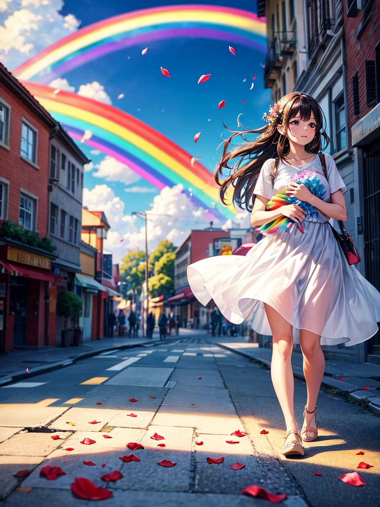Highest quality,Highest Resolution,A woman walking down a sidewalk with falling flower petals, holding a baby,Rainbow in the sky,