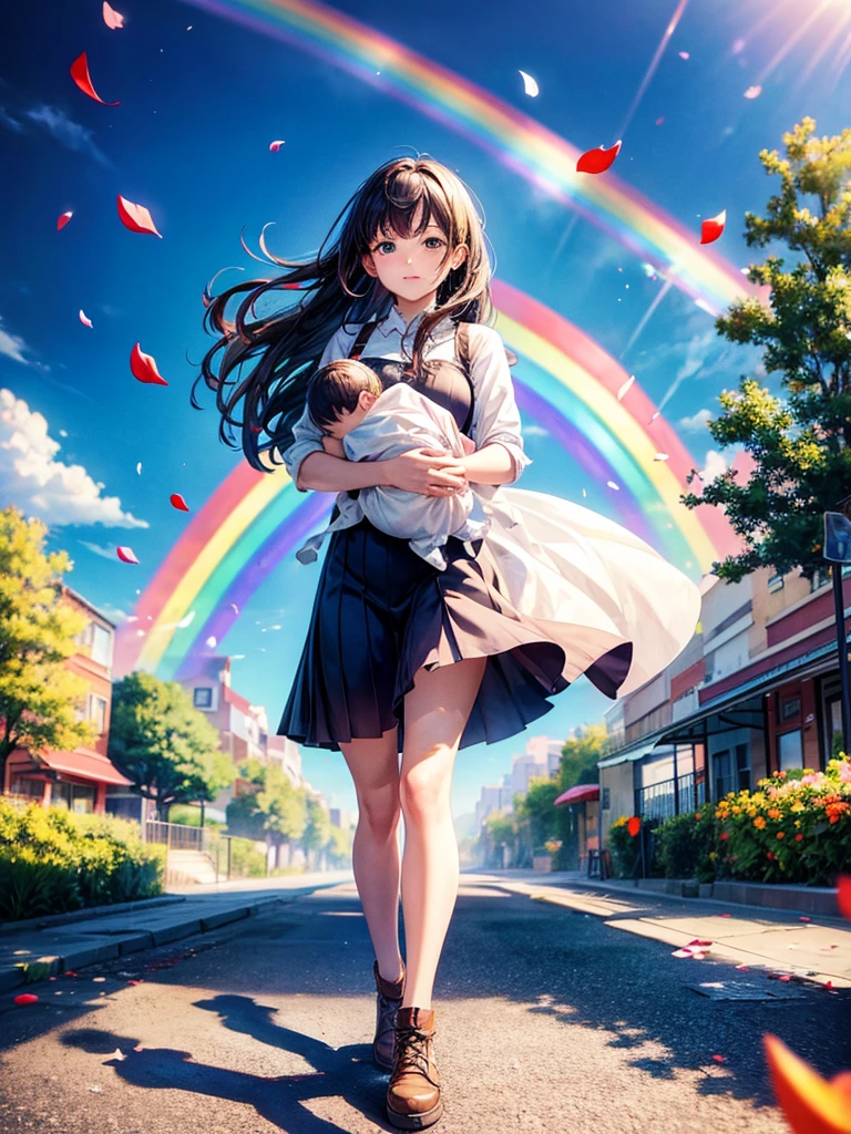 Highest quality,Highest Resolution,A woman walking down a sidewalk with falling flower petals, holding a ,Rainbow in the sky,