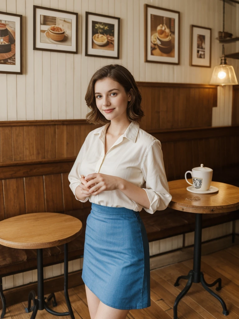 her name is Elle, high quality, 1girl, ((20-year-old fit Caucasian woman)), ((20 years old)), ((fit)), ((pale skin)), short length straight dark hair , wearingRuched Front Satin Blouse + High-Waisted Asymmetrical Skirt, pose: standing, background: Describe the cozy interior of a Parisian café, with its small round tables topped with checkered tablecloths, wrought iron chairs, vintage posters adorning the walls, and the aroma of freshly brewed coffee mingling with the scent of freshly baked croissants.