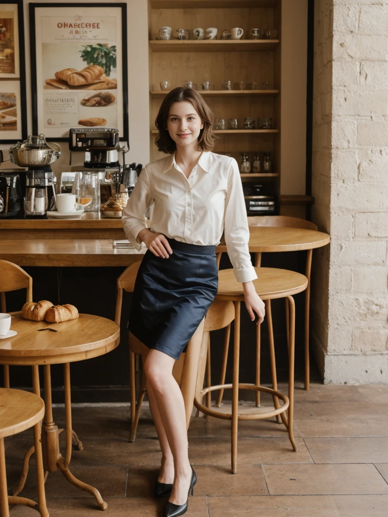 her name is Elle, high quality, 1girl, ((20-year-old fit Caucasian woman)), ((20 years old)), ((fit)), ((pale skin)), short length straight dark hair , wearingRuched Front Satin Blouse + High-Waisted Asymmetrical Skirt, pose: standing, background: Describe the cozy interior of a Parisian café, with its small round tables topped with checkered tablecloths, wrought iron chairs, vintage posters adorning the walls, and the aroma of freshly brewed coffee mingling with the scent of freshly baked croissants.