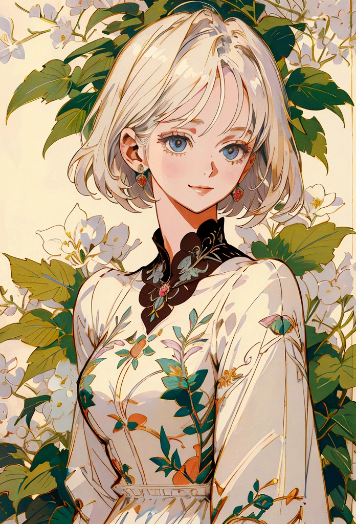 Anime Style, Kind Madame, Short Hair, Platinum Blonde, lady, She is wearing a beautifully embroidered white silk dress., A kind smile, Elegant, Ultra-detailed botanical references, Maximalist Botany, beautifully、Aesthetically beautiful illustration masterpiece, Topaz AI Post Editing