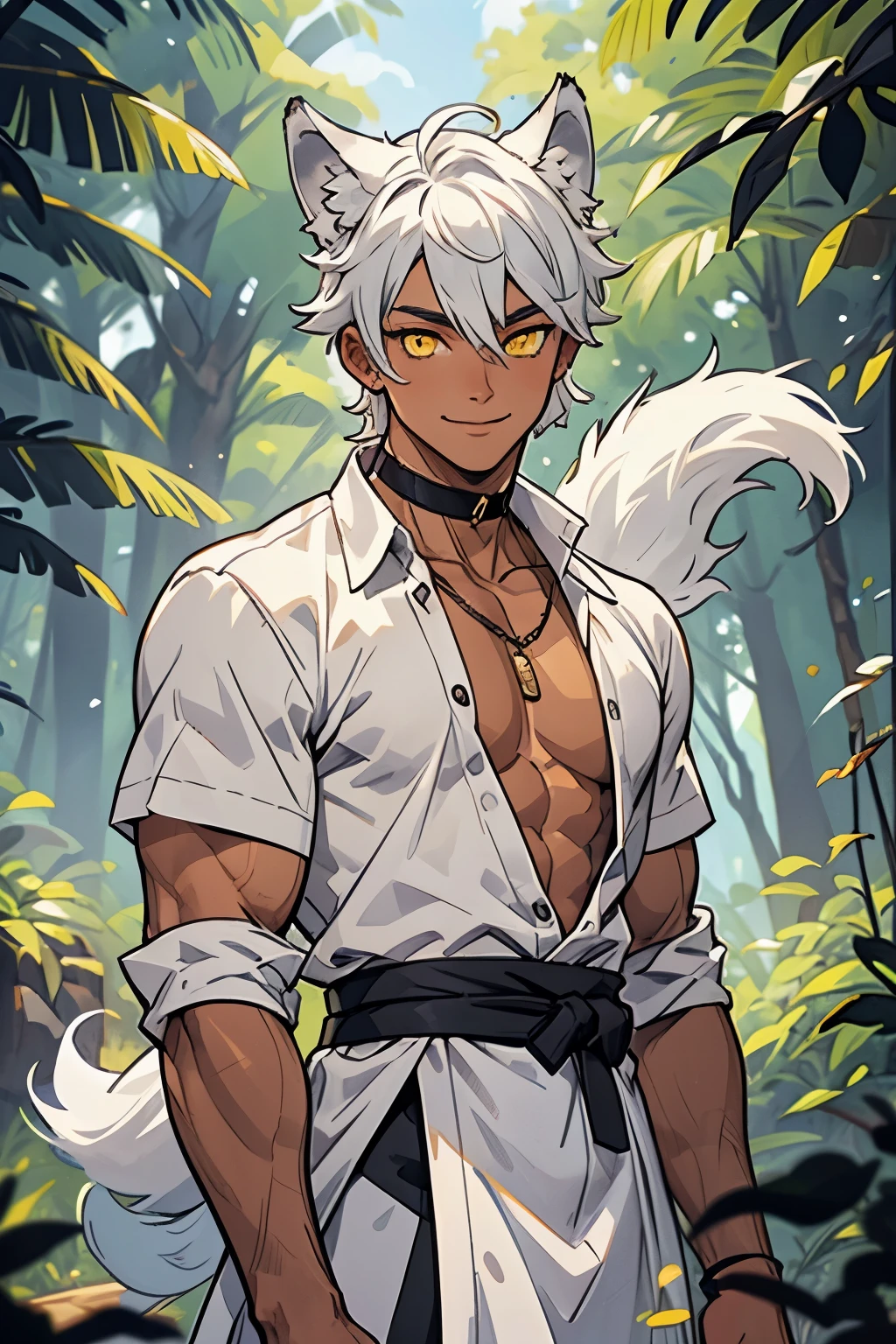 black to white hair, face shot, upeer body, face focus, (masterpiece, best quality), super detailed face (ultra-detailed) One boy anime, messy black hair, white highlight hair, wolf ears, wolf tail, white hair strands, yellow eyes, glowing eyes, black vertical pupils, tan,singe feather earring,shirtless, forest, choker, smile, short hair,1boy