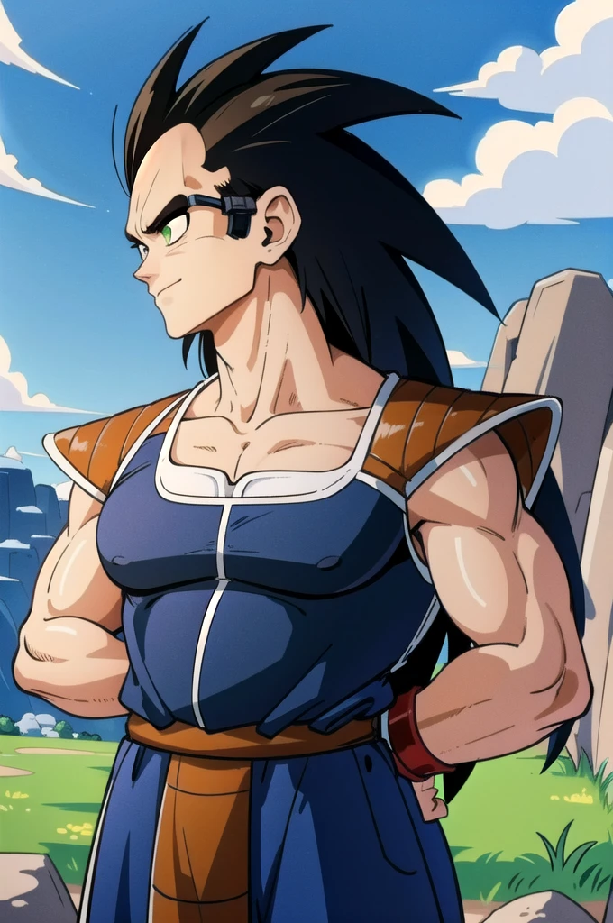 raditz, 1boy, solo, black hair, black eyes, (upper body:1.5,).portrait, smirk, saiyan armor, shoulder armor,(green scouter), faulds,very long hair,blue sky,plateau,tree,grass,standing,looking at viewer,tail around waist, red armband,black briefs,rocks, muscular male, (best quality, masterpiece) ,