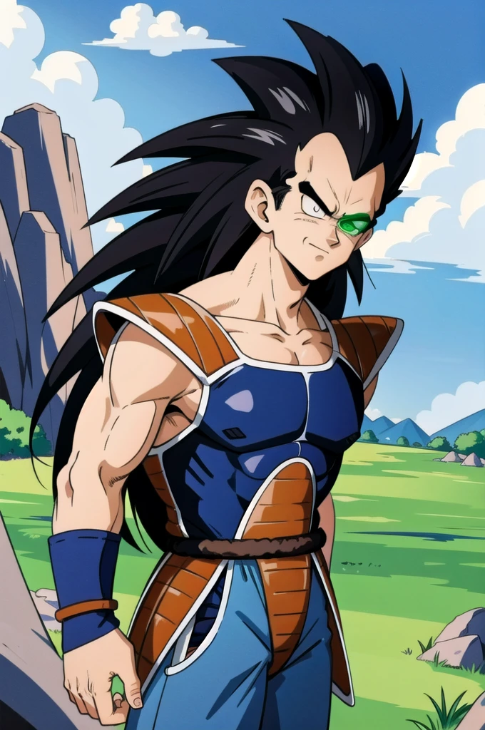 raditz, 1boy, solo, black hair, black eyes, (upper body:1.5,).portrait, smirk, saiyan armor, shoulder armor,(green scouter), faulds,very long hair,blue sky,plateau,tree,grass,standing,looking at viewer,tail around waist, red armband,black briefs,rocks, muscular male, (best quality, masterpiece) ,