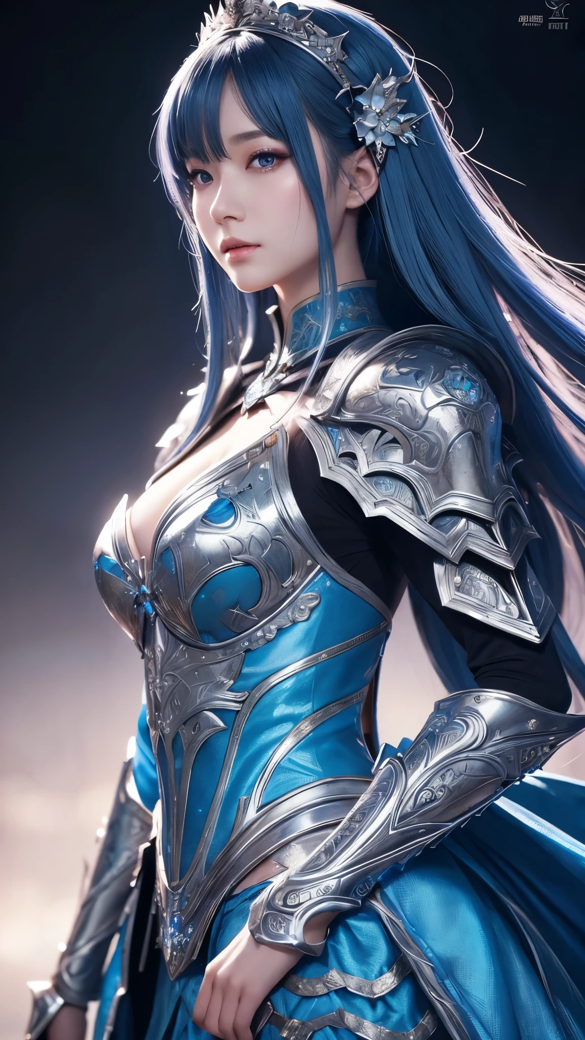 Close-up of woman in silver and blue dress, Chengwei Pan at Art Station, Jan J, Detailed fantasy art, Amazing character art, Fan Art Best Art Station, Magnificent and elaborate character art, Beautiful Armor, Highly detailed art gems, Detailed digital anime art, Art Station pixiv's artgerm, Armor Girl
