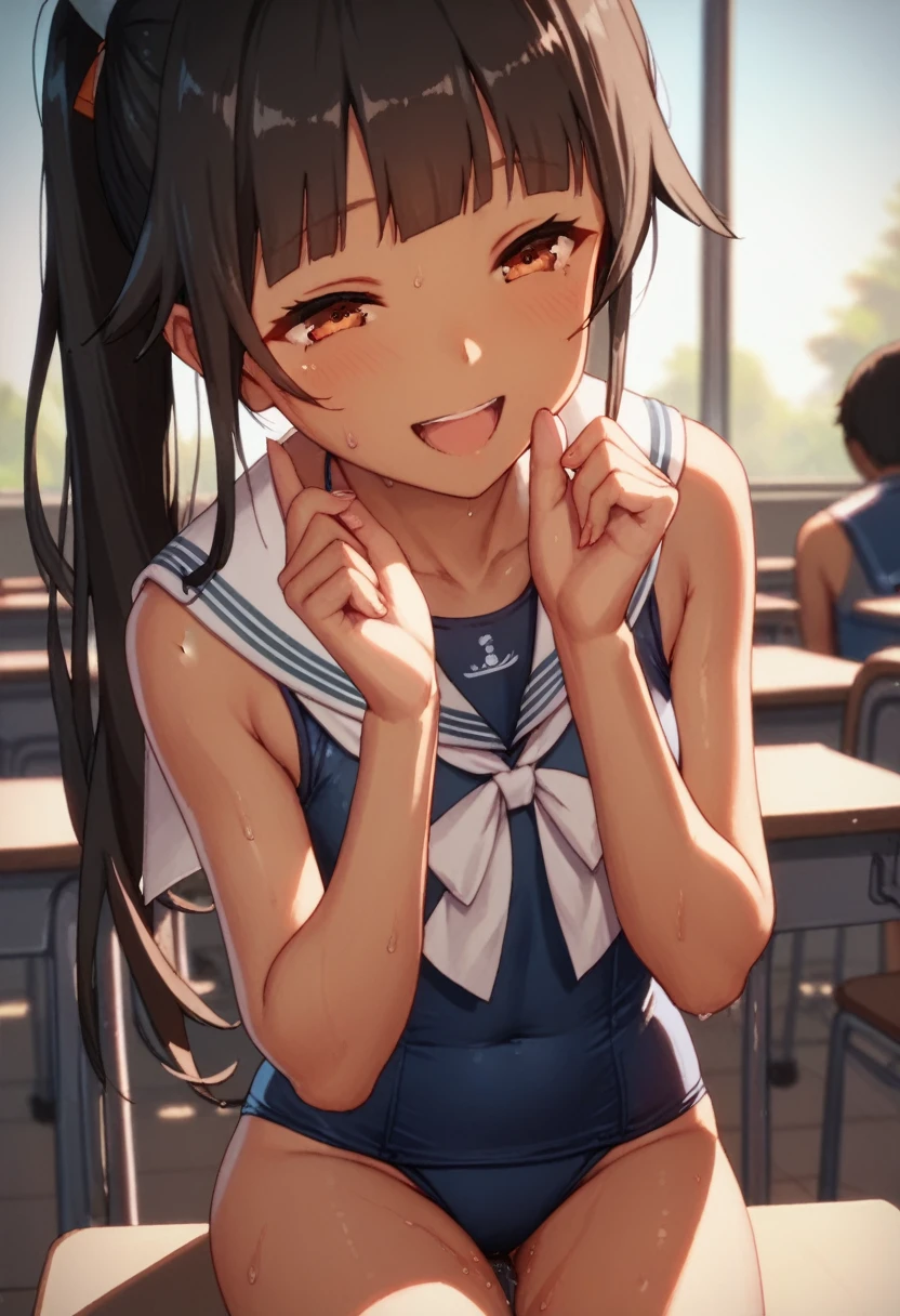 (((Dark brown skin))) Azur Lane Sailor suit School Swimsuit Black Hair sweat classroom Love juice (((Happy Rakuten)))