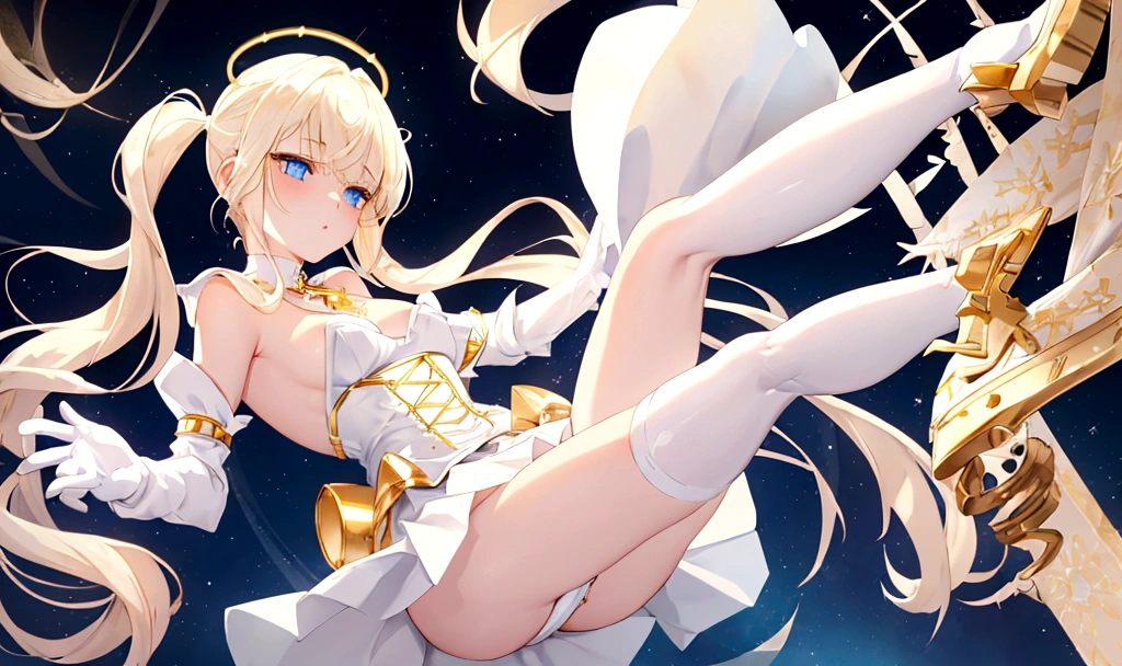 Blonde, blue eyes, long hair, white skin, White knife pleated skirt, Gold Pointed Cincher corset, White tube top, White knee high socks, White Mary jane shoes, White Flounce sleeve, Short gloves, Golden necklace, Shiny golden halo, Loose hair with small pigtails, pointy nails and bright eyes.