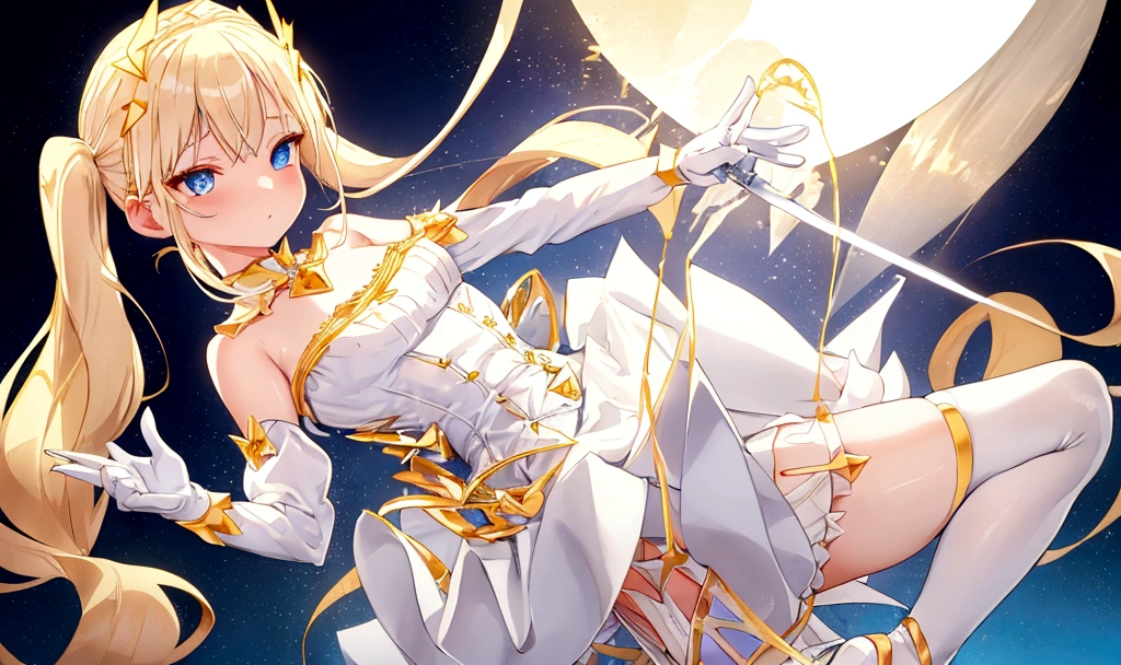 Blonde, blue eyes, long hair, white skin, White knife pleated skirt, Gold Pointed Cincher corset, White tube top, White knee high socks, White Mary jane shoes, White Flounce sleeve, Short gloves, Golden necklace, Shiny golden halo, Loose hair with small pigtails, pointy nails and bright eyes.